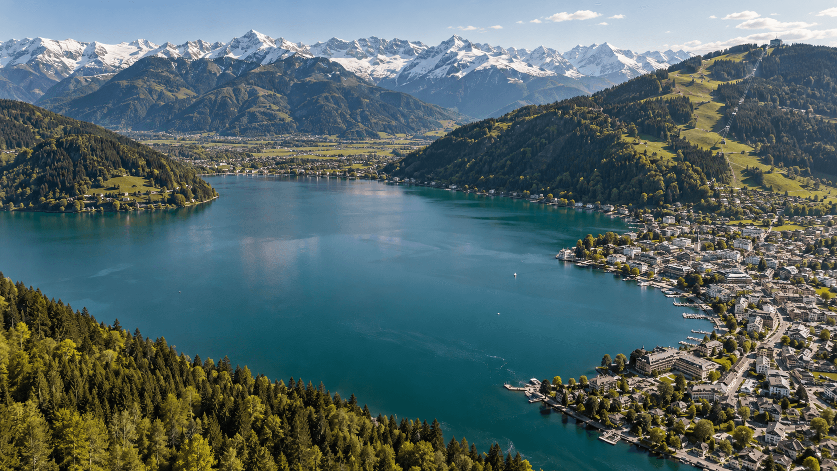 Aerial view of Lake Zell, the town and surrounding Austrian Alps